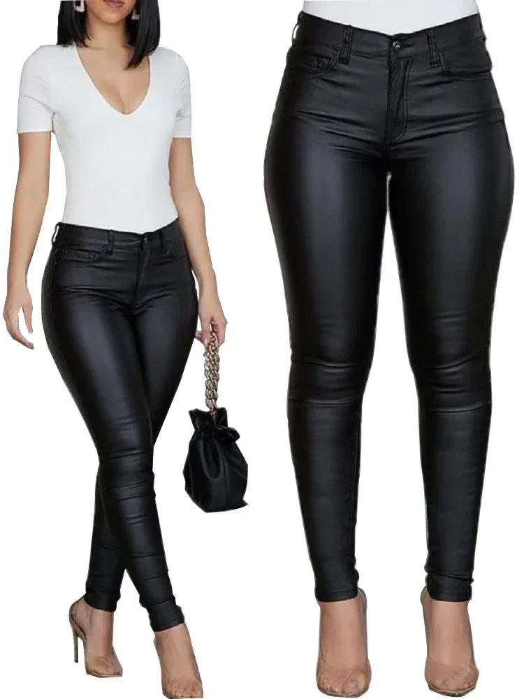 Mid Waist Leather-Look Pants – Figurbetonte Bleistifthose